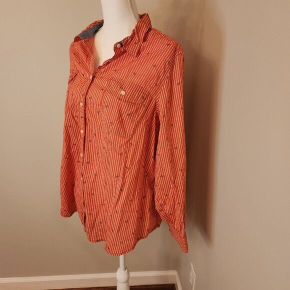 Orange and White Striped St. John's Bay Button Down with Small Butterflies - Picture 4 of 8